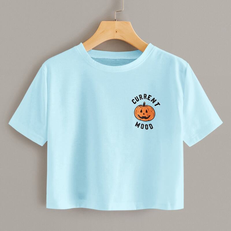 

Halloween Print Short Sleeve Crop Tee, Blue pastel