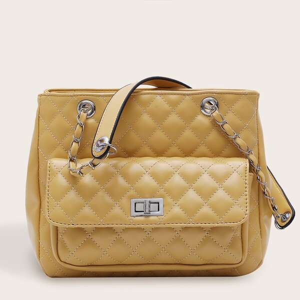 

Twist Lock Quilted Tote Bag, Yellow