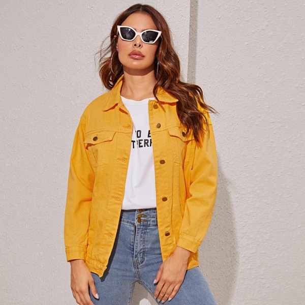 

Solid Button Front Trucker Denim Jacket, Yellow bright