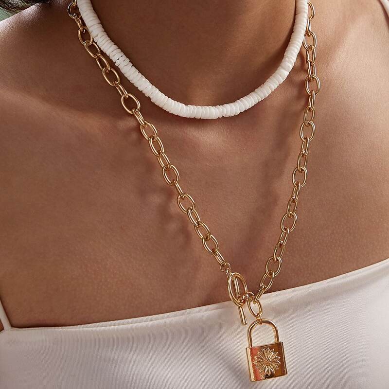 

Lock & Ring Decor Chain Necklace 2pcs, Multicolor