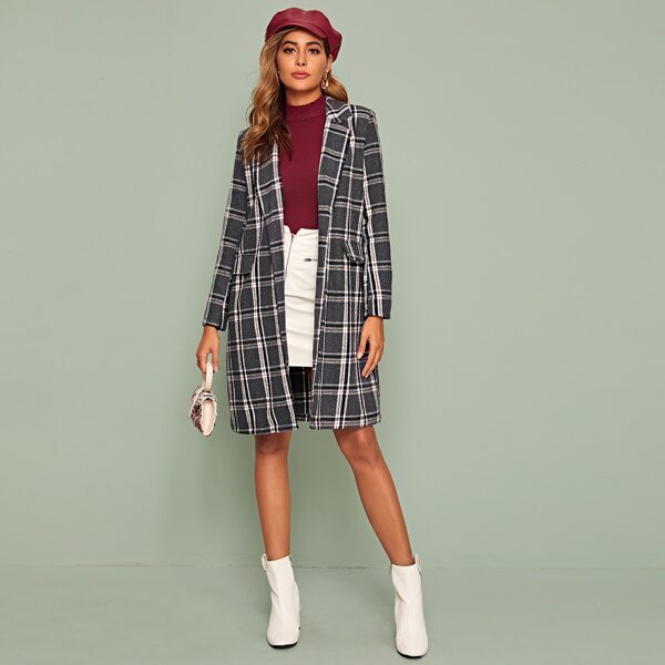 

Tartan Print Notched Neck Midi Coat, Grey