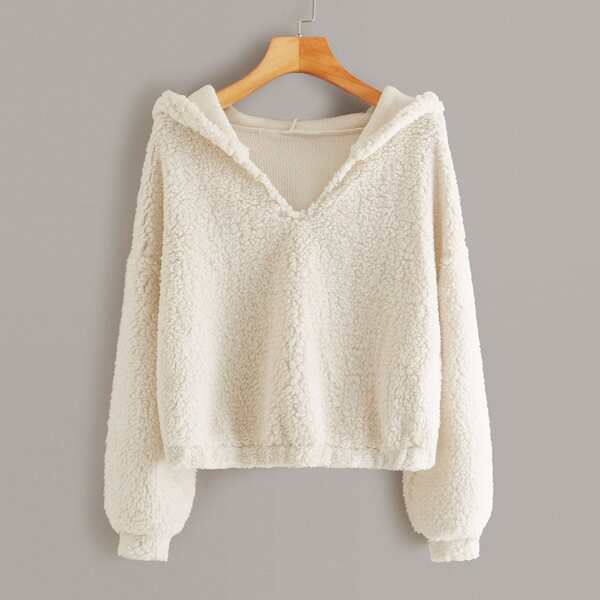 

Drop Shoulder Hooded Teddy Sweatshirt, Beige