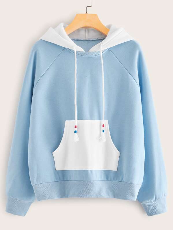 

Contrast Kangaroo Pocket Drawstring Hoodie, Blue