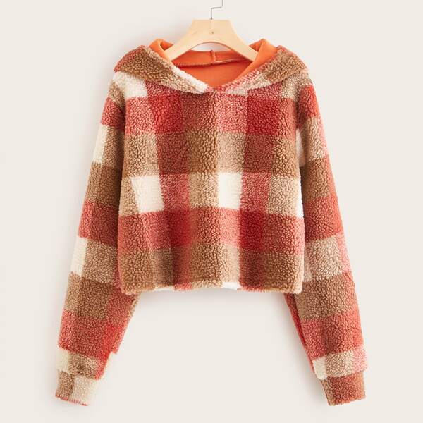 

Plaid Pattern Hooded Teddy Sweatshirt, Multicolor