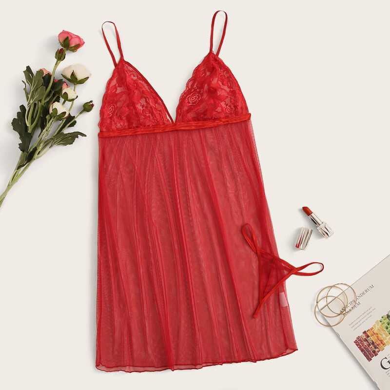 

Floral Lace Sheer Slips With Thong, Red