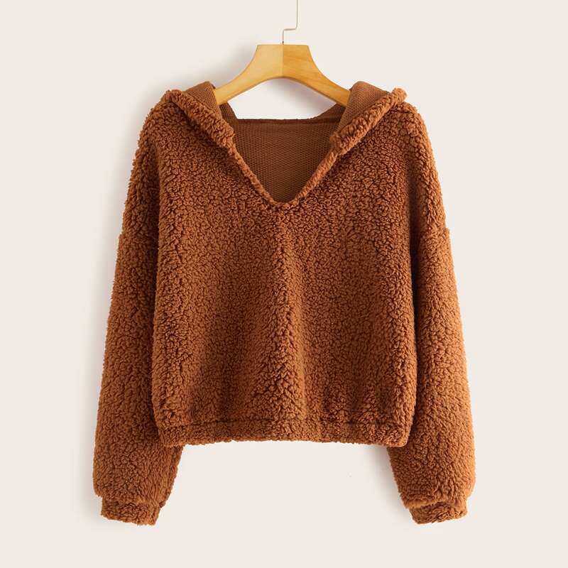 

Drop Shoulder Hooded Teddy Sweatshirt, Brown