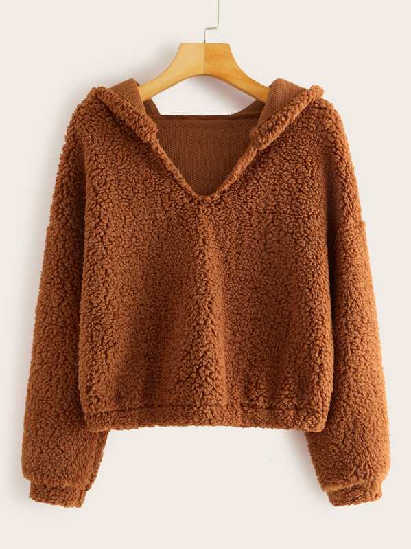 

Drop Shoulder Hooded Teddy Sweatshirt, Brown