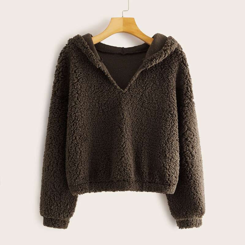 

Drop Shoulder Hooded Teddy Sweatshirt, Brown