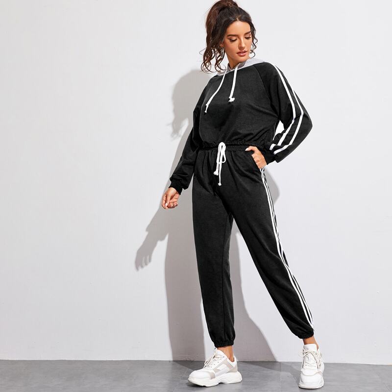 

Striped Side Drawstring Hoodie With Sweatpants, Black