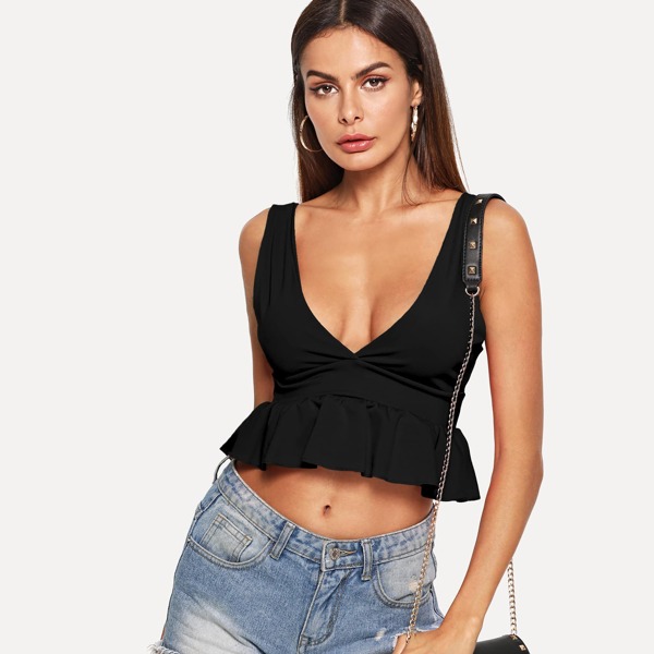 

Ruffle Hem Crop Tank Top, Black