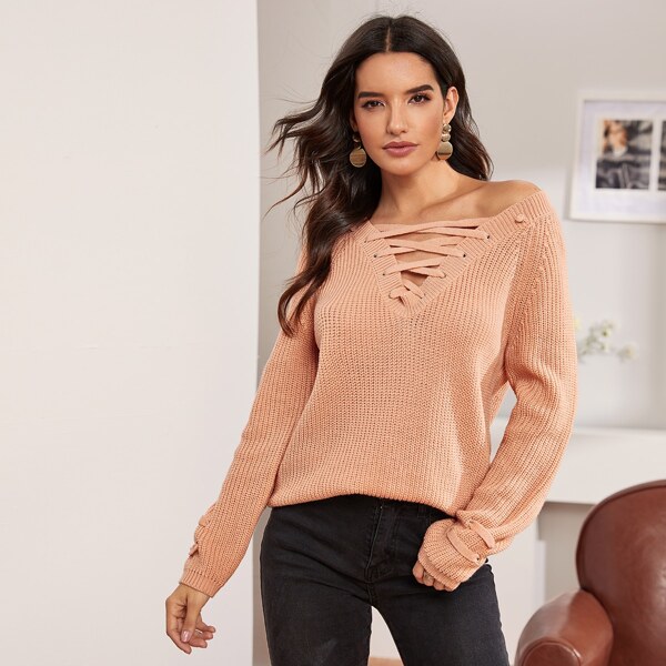 

Lace-up Front Raglan Sleeve Sweater, Orange pastel