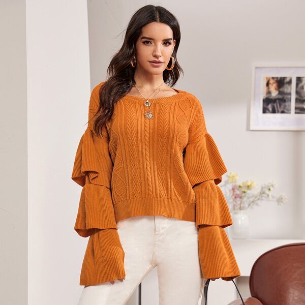 

Layered Sleeve Mixed Knit Jumper, Orange