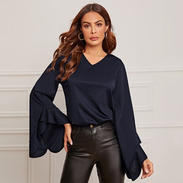 

Solid Flounce Sleeve V Neck Tee, Navy
