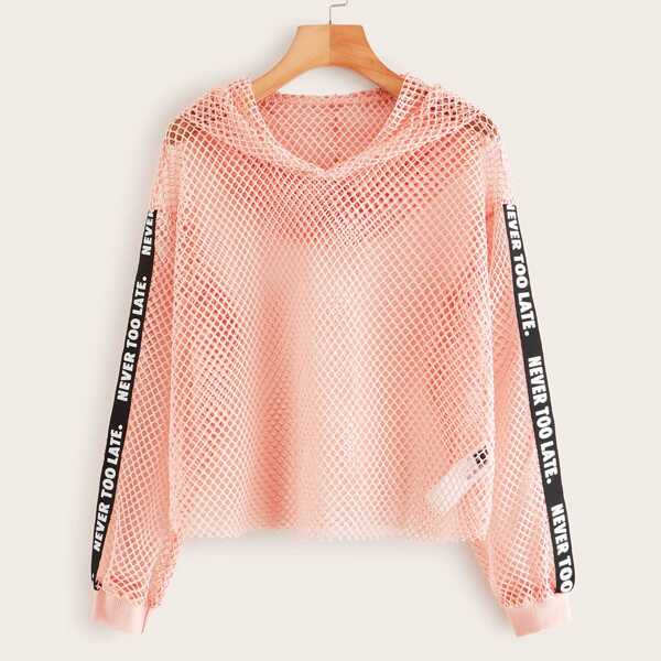 Tape Detail Sheer Fishnet Hoodie, Pink