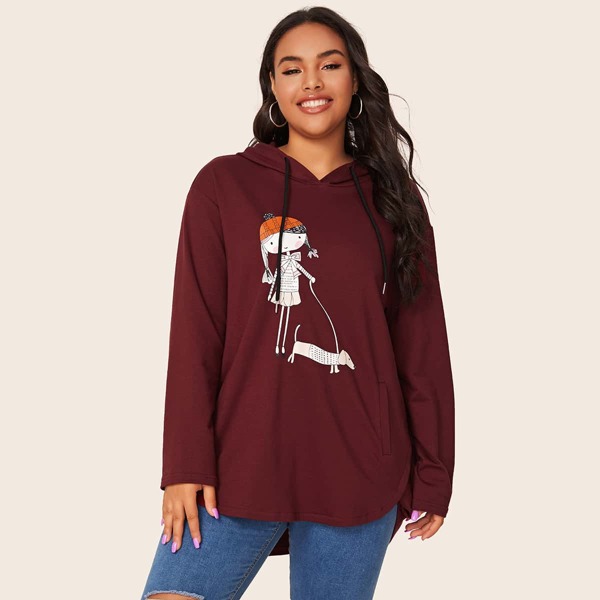 

Plus Cartoon Graphic Dolphin Hem Hoodie, Burgundy