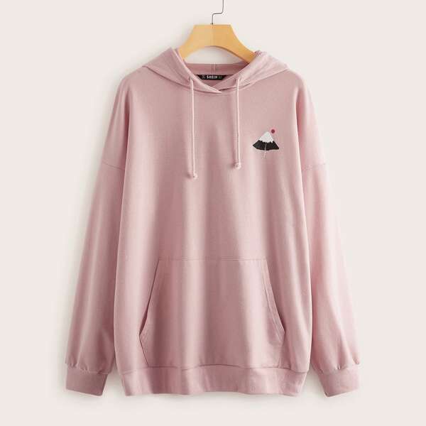 

Snow Mountain Print Pouch Pocket Hoodie, Pink pastel