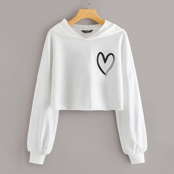 

Heart Print Drop Shoulder Crop Hoodie, White