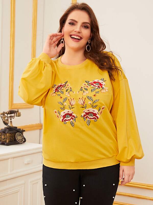 

Plus Embroidered Botanical Lantern Sleeve Pullover, Yellow, Ella