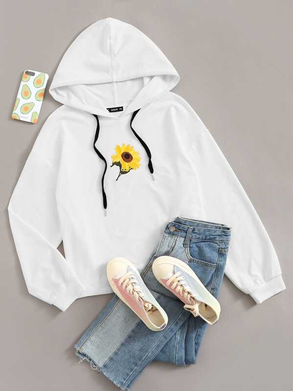 

Plus Embroidery Detail Drawstring Hoodie, White
