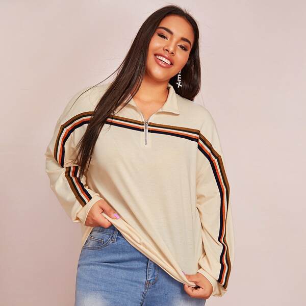 

Plus Striped Tape Detail Zip Half Placket Sweatshirt, Beige pastel
