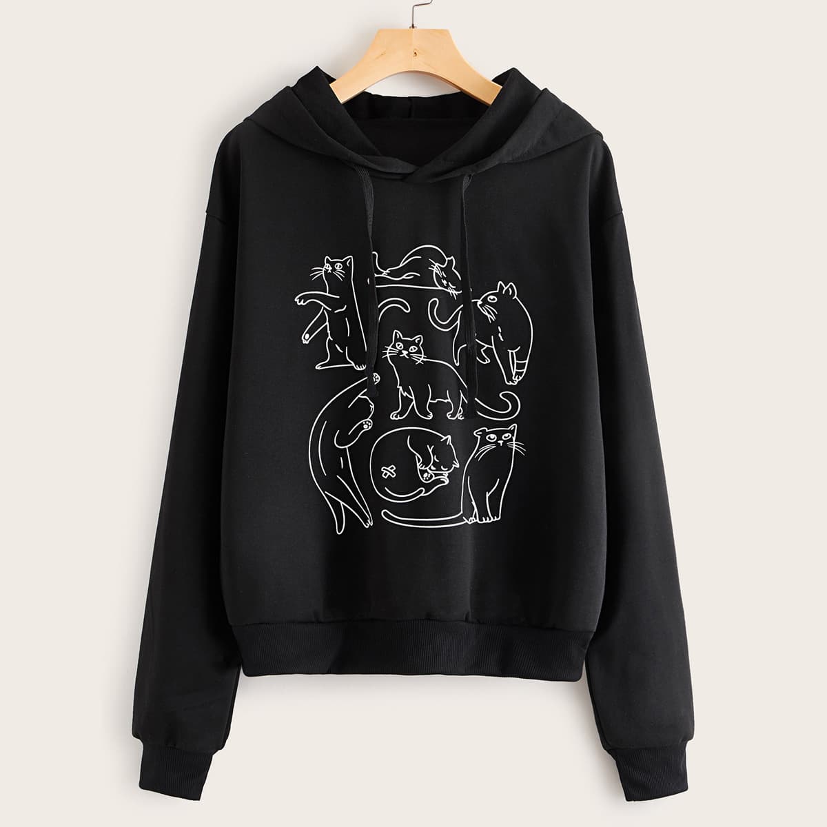 

Cat Print Drawstring Hooded Sweatshirt, Black