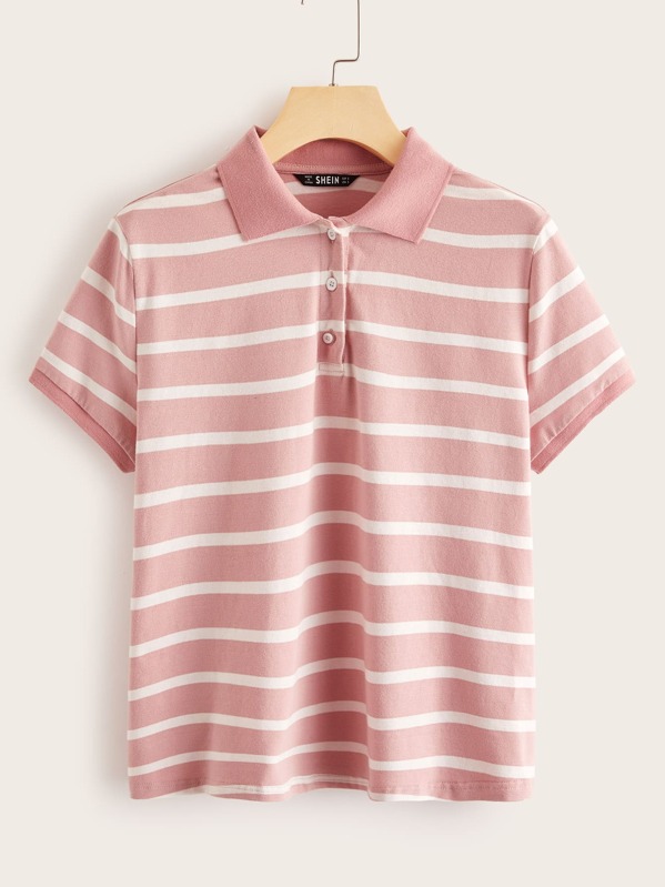

Half Placket Striped Polo Shirt, Pink