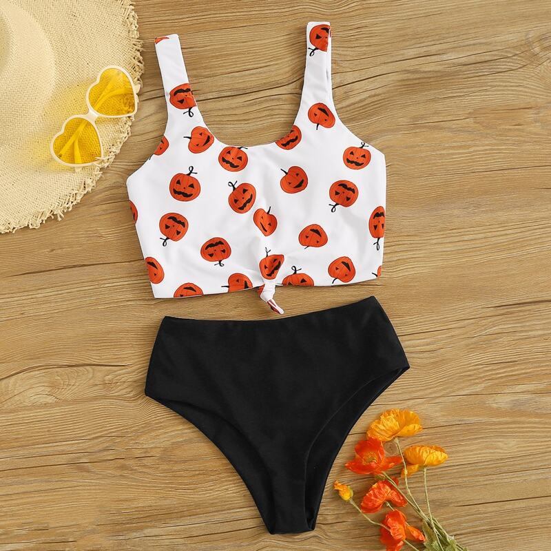 

Halloween Pumpkin Print Knot Hem Bikini Set, Multicolor