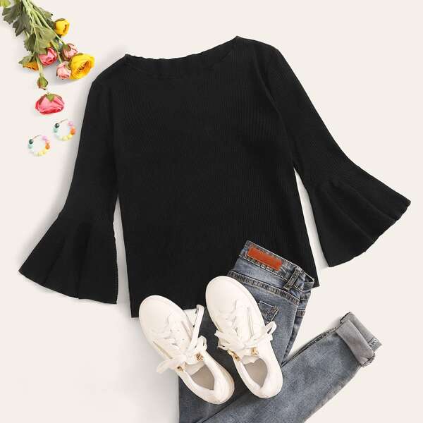 

Lettuce Edge Bell Sleeve Rib-knit Tee, Black