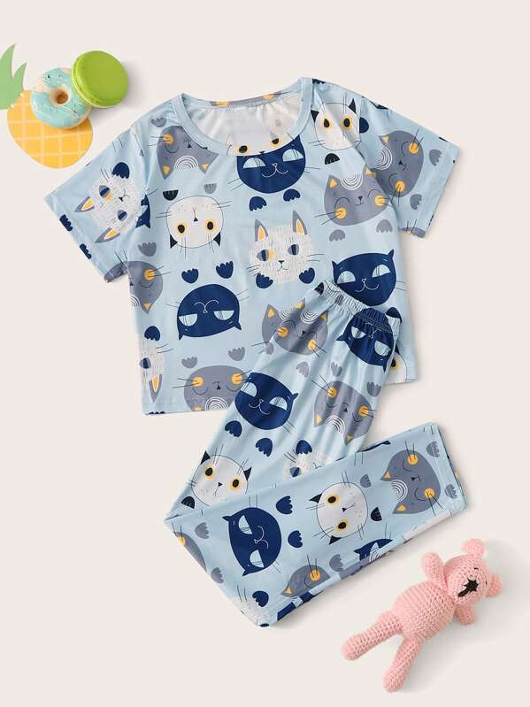 

Girls Cat Print PJ Set, Blue