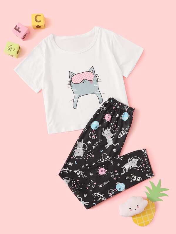 

Girls Cartoon Cat Print PJ Set, Multicolor