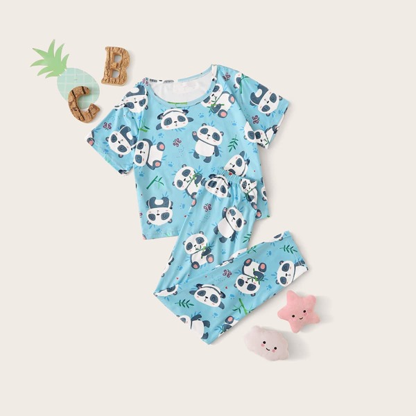 

Girls Cartoon Panda Print PJ Set, Blue