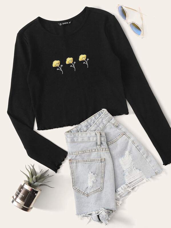 

Lettuce Trim Embroidered Rib-knit Tee, Black