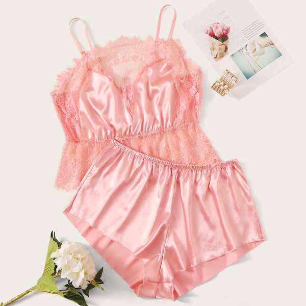 

Plus Contrast Lace Satin Cami Top With Shorts, Pink