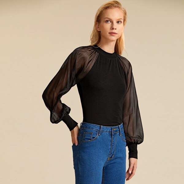 

Organza Lantern Sleeve Solid Top, Black