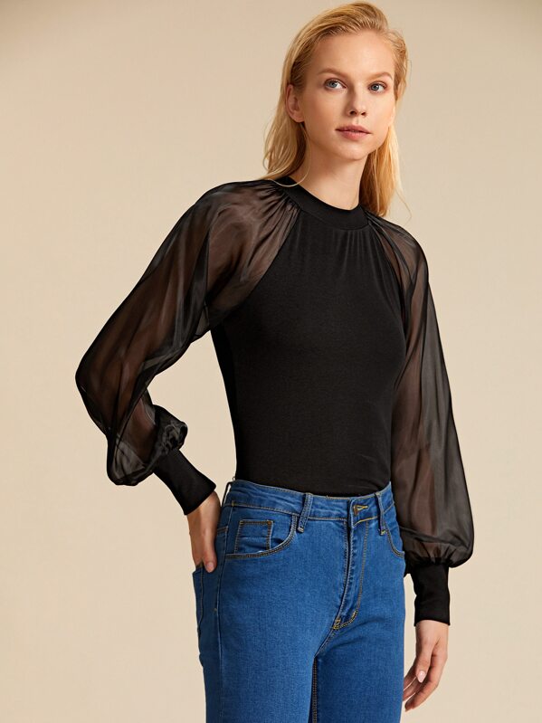 Organza Lantern Sleeve Solid Top, Black, Denisa