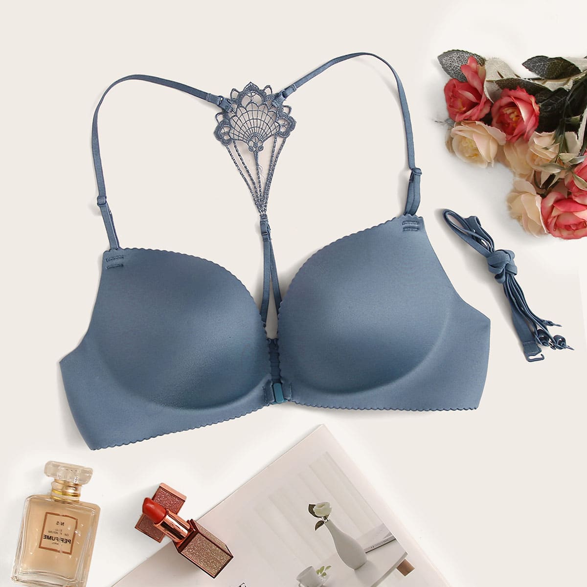 

Crochet Back Bra With Adjustable Straps, Blue