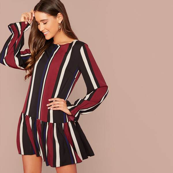 

Flounce Sleeve Ruffle Hem Striped Dress, Multicolor