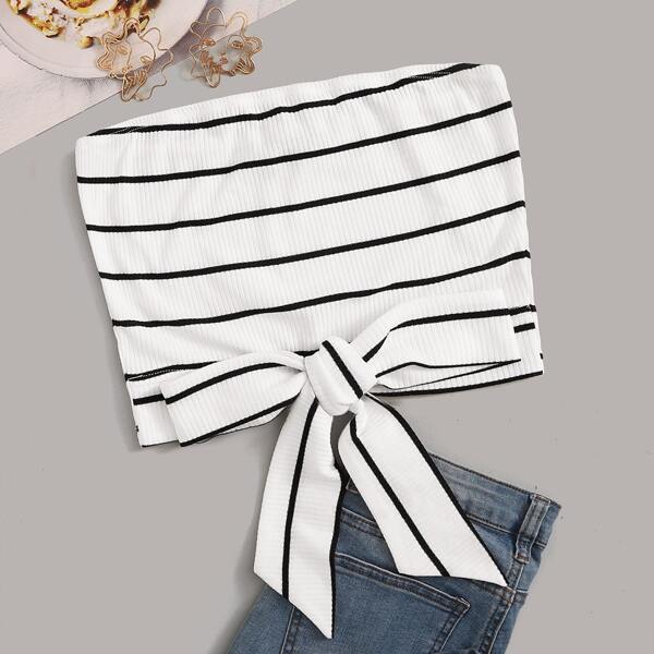 

Tie Front Rib-knit Striped Tube Top, White
