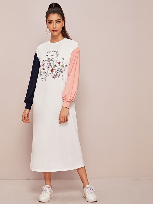 

Botanical and Slogan Graphic Colorblock Lantern Sleeve Dress, White, Taina