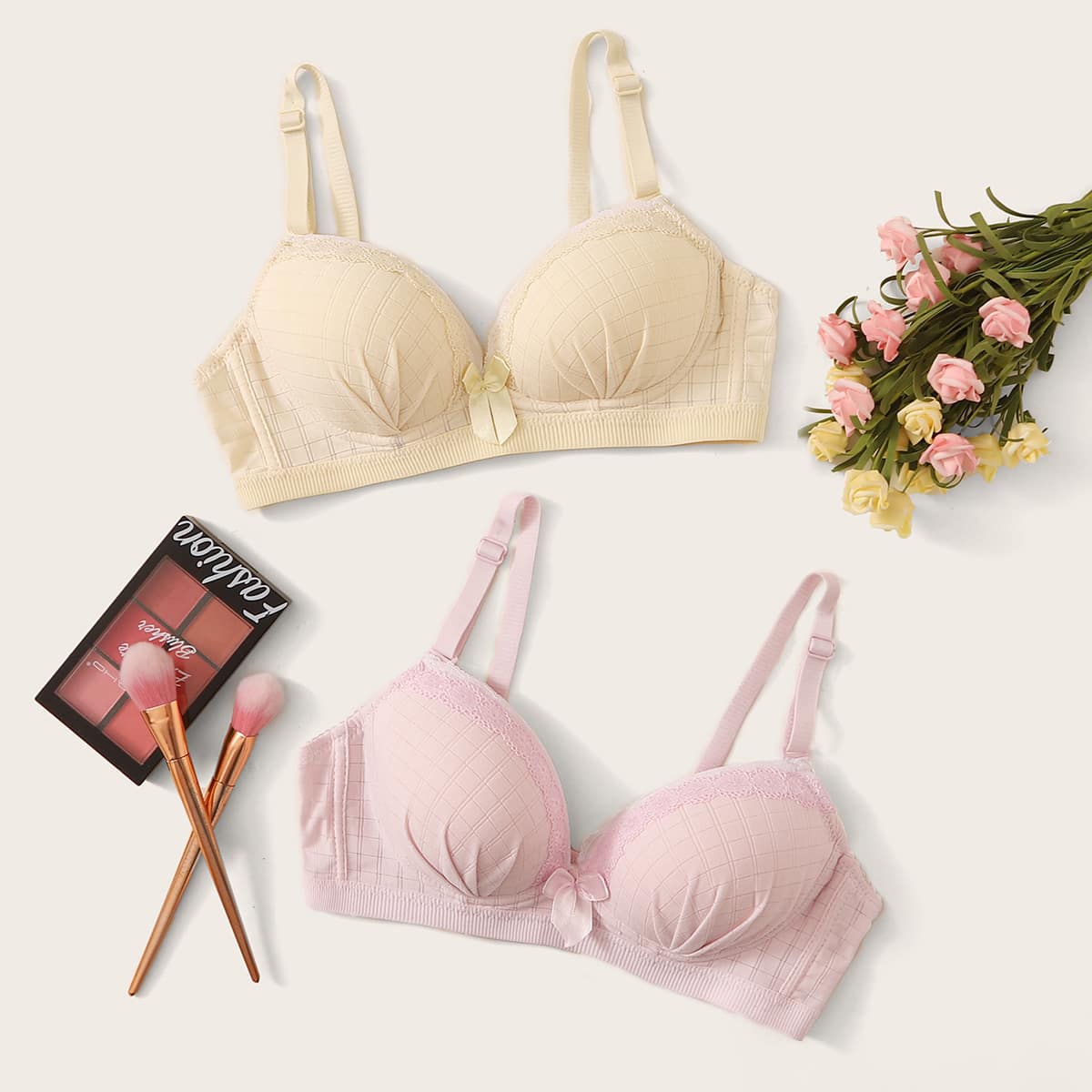 

2pack Lace Trim Bra Set, Multicolor
