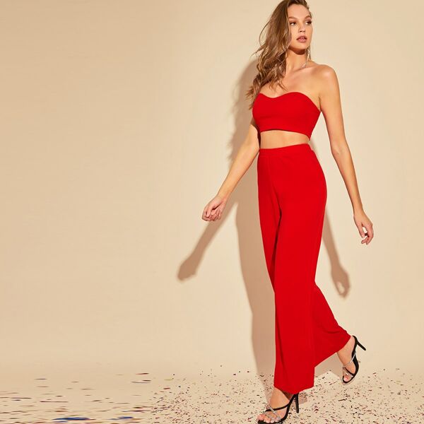 

Solid Tube Crop Top & Palazzo Pants Set, Red bright