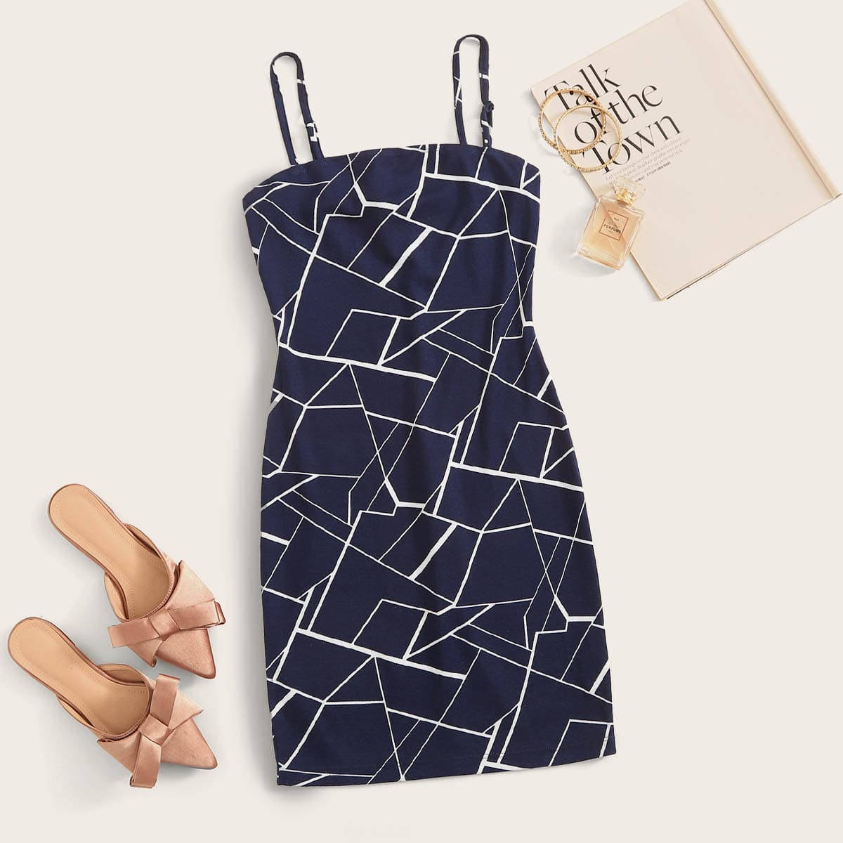 

Geo Print Slip Dress, Navy