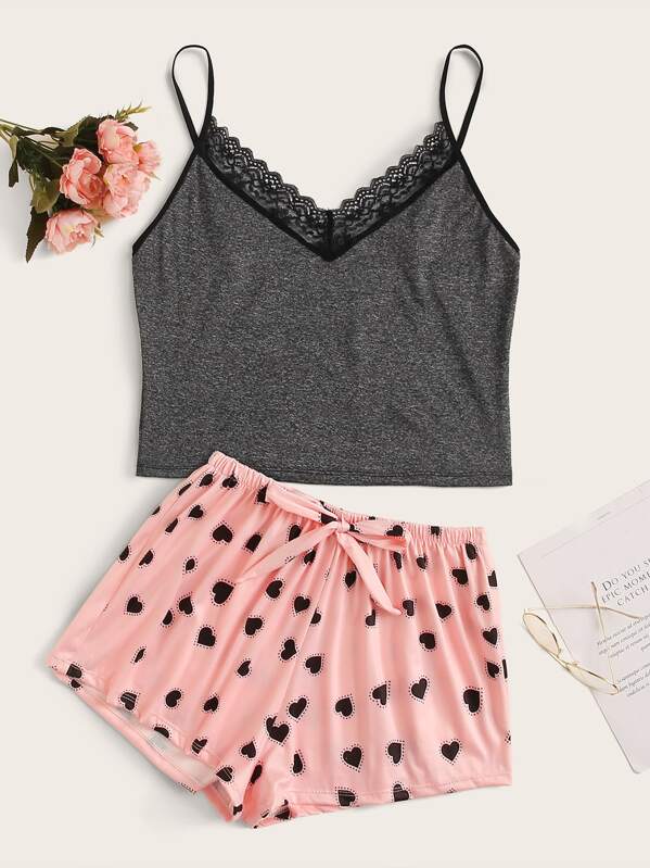

Heart Print Lace Trim Cami PJ Set, Multicolor