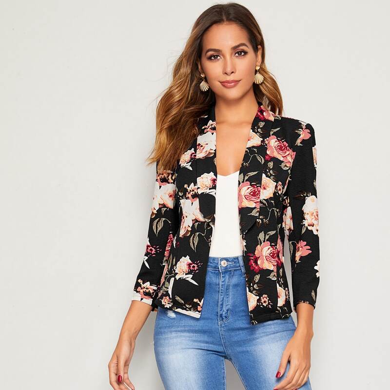 

Shawl Collar Floral Print Blazer, Black