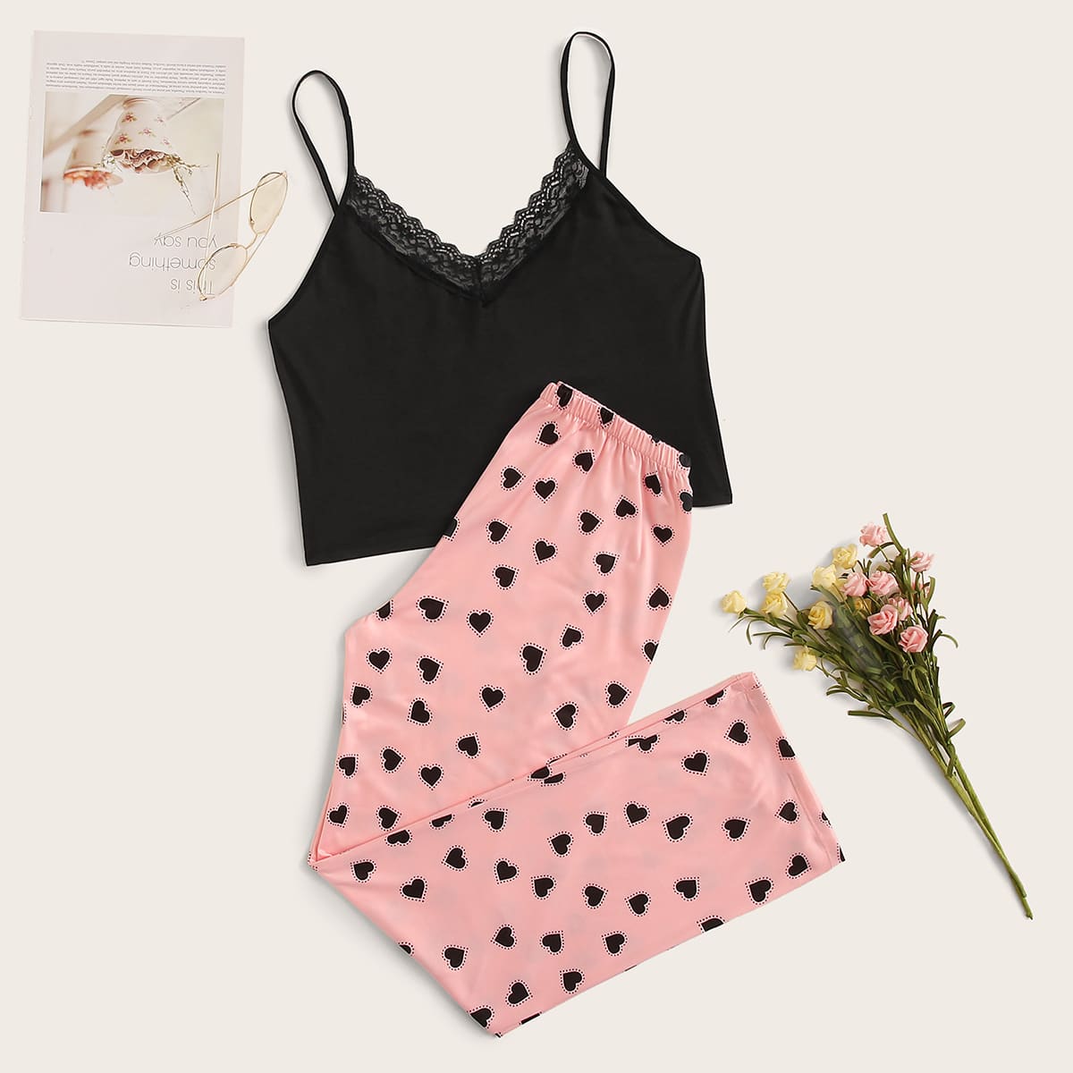 

Heart Print Lace Trim Cami PJ Set, Multicolor