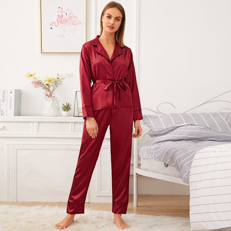 

Solid Satin PJ Set With Belt, Red