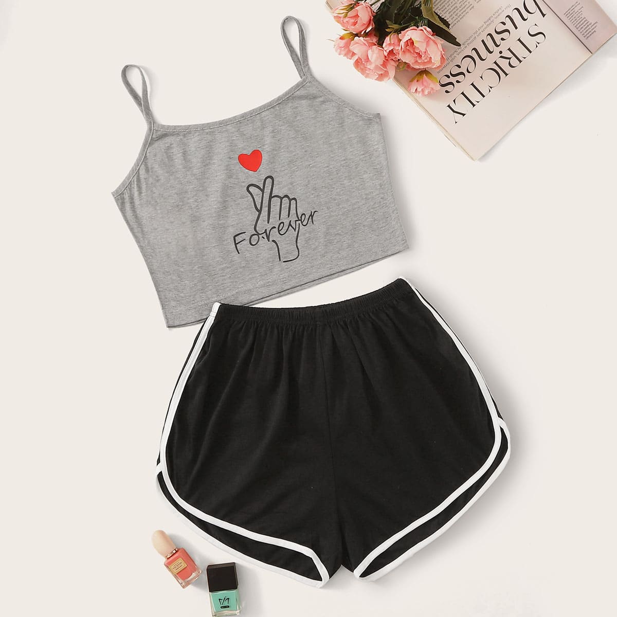 

Gesture & Heart Print Cami PJ Set, Multicolor