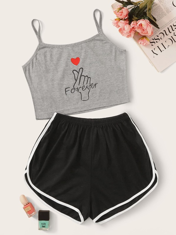 

Gesture & Heart Print Cami PJ Set, Multicolor