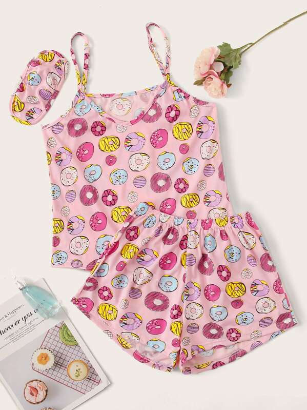 

Donut Print Cami PJ Set With Eye Mask, Pink