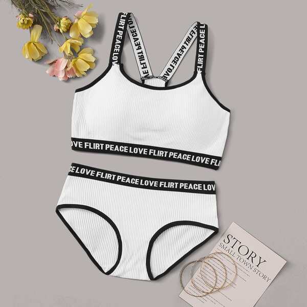 

Rib Letter Tape Lingerie Set, Black and white